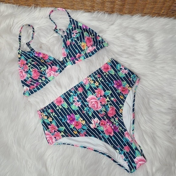 Floral And Striped High Waisted BikiniSz L - Picture 5 of 14